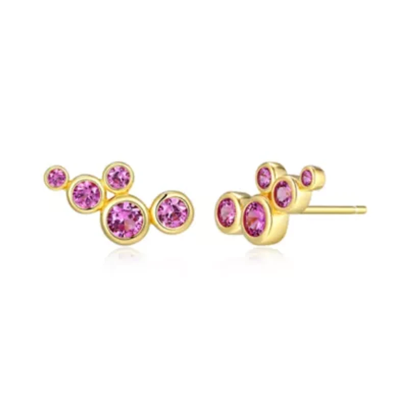 Lab Created 18K Yellow Gold Plated Sterling Silver Women's Blue or Pink Sapphire Cluster Stud Earrings