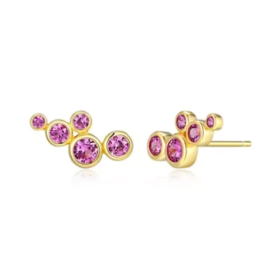 Lab Created 18K Yellow Gold Plated Sterling Silver Women's Blue or Pink Sapphire Cluster Stud Earrings