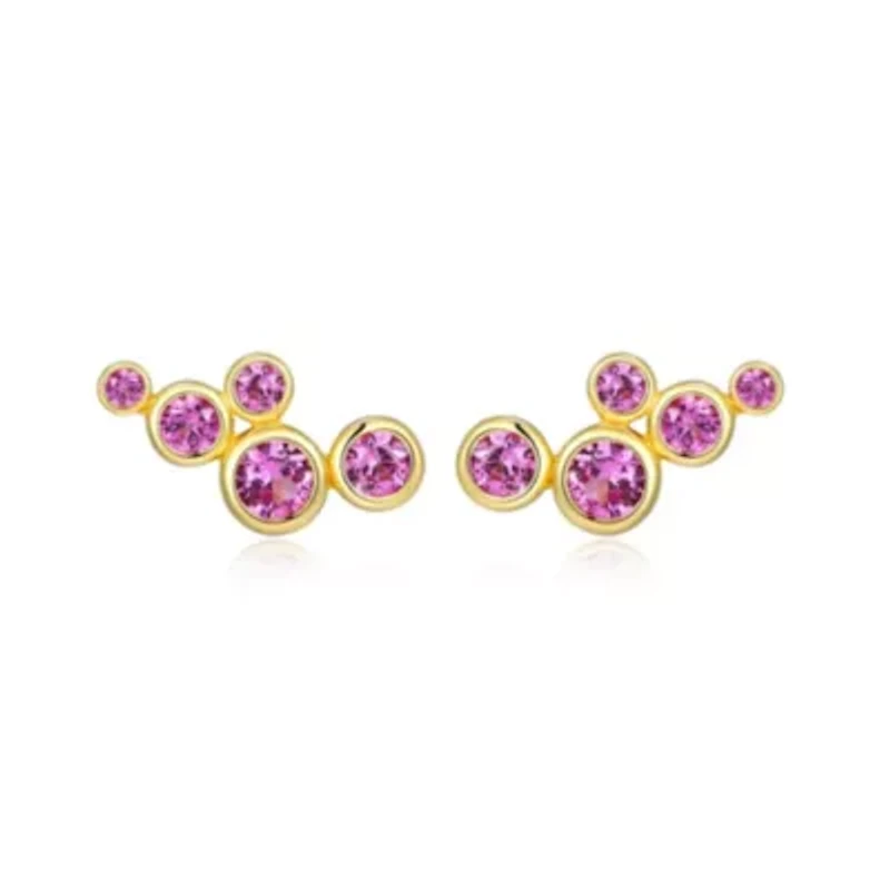 Lab Created 18K Yellow Gold Plated Sterling Silver Women's Blue or Pink Sapphire Cluster Stud Earrings