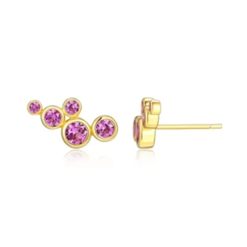 Lab Created 18K Yellow Gold Plated Sterling Silver Women's Blue or Pink Sapphire Cluster Stud Earrings