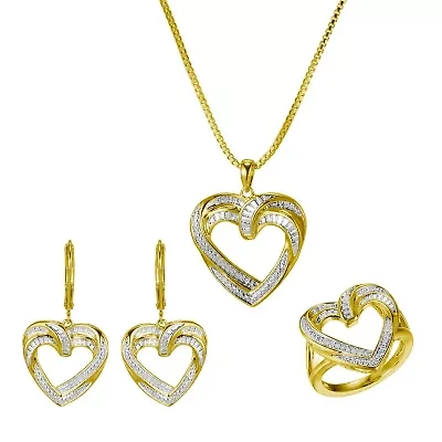 Gold Tone Diamond Accent Open Heart Earrings, Pendant And Ring Set