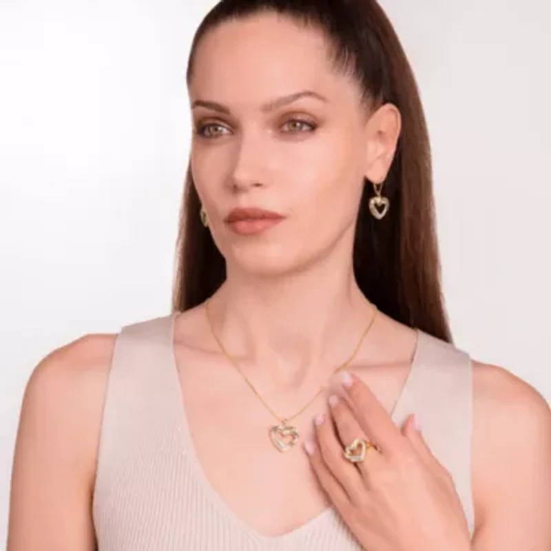 Gold Tone Diamond Accent Open Heart Earrings, Pendant And Ring Set