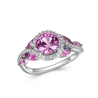 Created Pink Sapphire And CZ Ring Platinum Plated Sterling Silver