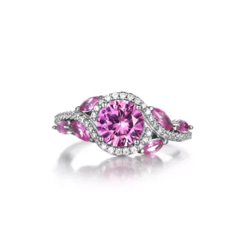Created Pink Sapphire And CZ Ring Platinum Plated Sterling Silver