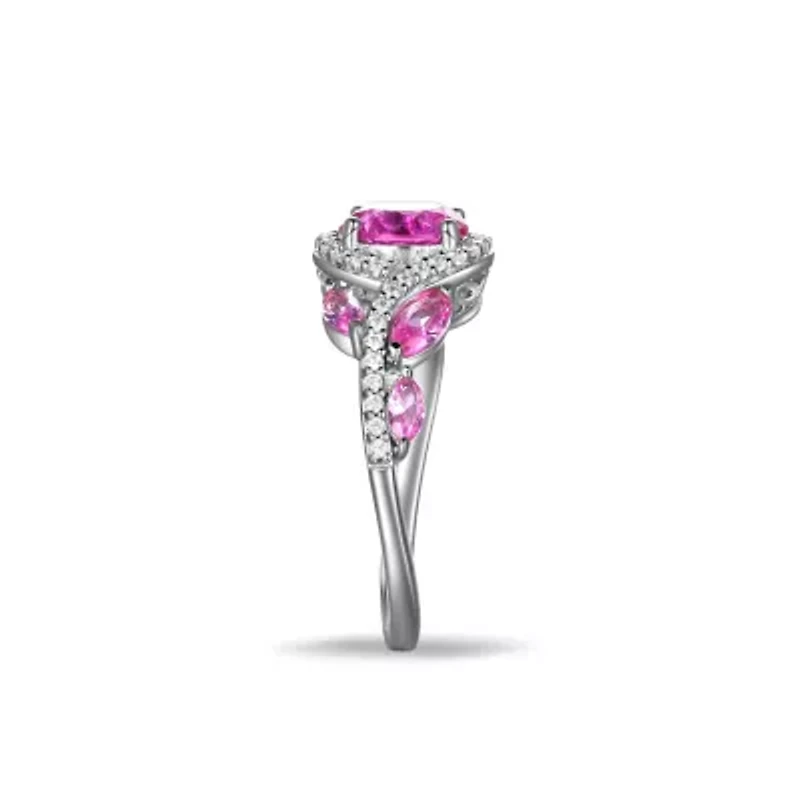 Created Pink Sapphire And CZ Ring Platinum Plated Sterling Silver