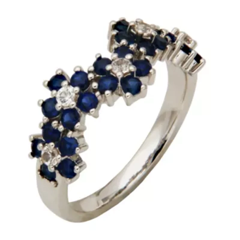 Gemstone Flower Ring Rhodium Plated Sterling Silver