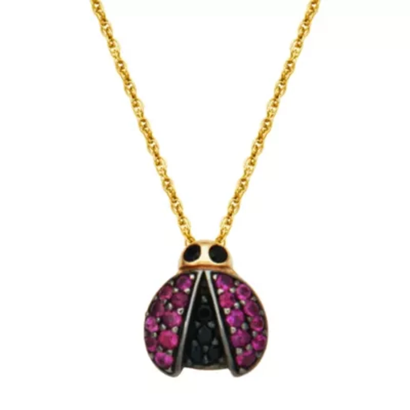 10k Yellow Gold Genuine Ruby and Black Sapphire Ladybug Pendant Necklace