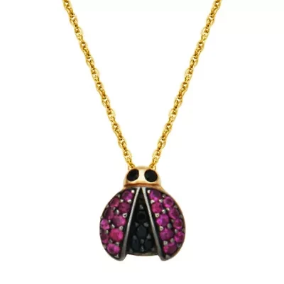 10k Yellow Gold Genuine Ruby and Black Sapphire Ladybug Pendant Necklace