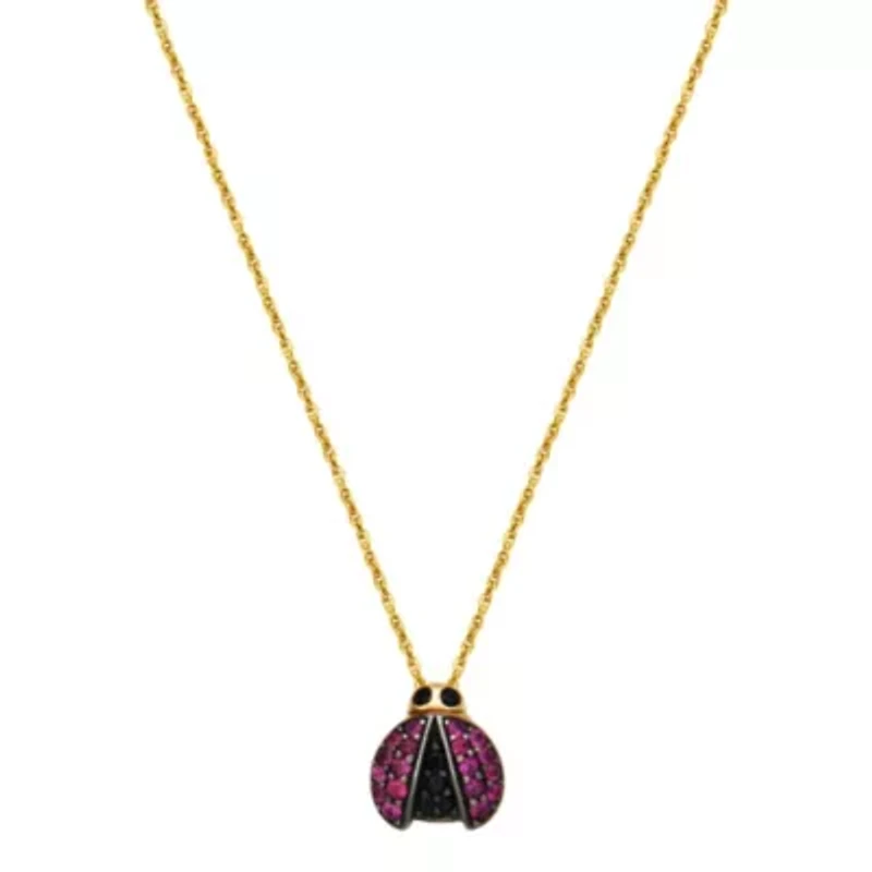10k Yellow Gold Genuine Ruby and Black Sapphire Ladybug Pendant Necklace