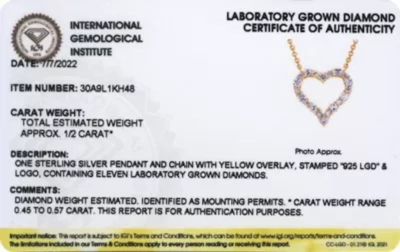 Lab Created 18k Yellow Gold over Sterling Silver Heart Necklace Featuring 1/2 CT TW Lab Grown Diamond