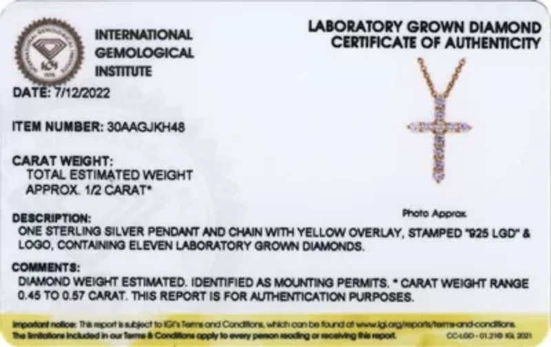 Lab Created 1/2 CT TW Lab Grown Diamond 18k Gold Plated Sterling Silver Cross Pendant Necklace