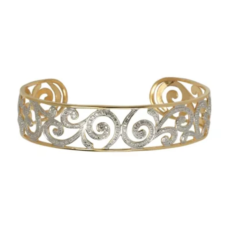 Diamond Accent Swirl Cuff Bangle Bracelet in 18k Yellow Gold and Rhodium Plated Sterling Silver