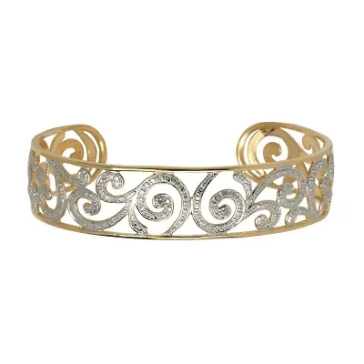 Diamond Accent Swirl Cuff Bangle Bracelet in 18k Yellow Gold and Rhodium Plated Sterling Silver