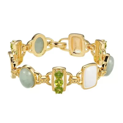 Genuine Jade, Peridot and White Enamel Inlay Link Bracelet in 18k Gold Plated Sterling Silver