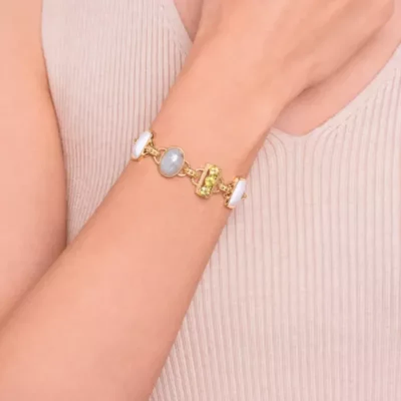 Genuine Jade, Peridot and White Enamel Inlay Link Bracelet in 18k Gold Plated Sterling Silver