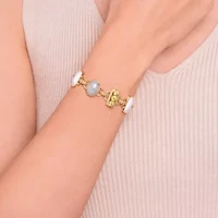 Genuine Jade, Peridot and White Enamel Inlay Link Bracelet in 18k Gold Plated Sterling Silver