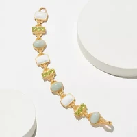 Genuine Jade, Peridot and White Enamel Inlay Link Bracelet in 18k Gold Plated Sterling Silver