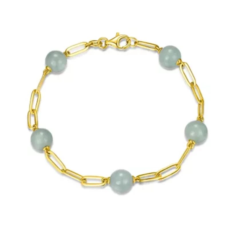 Genuine Jade Bead Station Paperclip Bracelet in 18k Yellow Gold Plated Sterling Silver