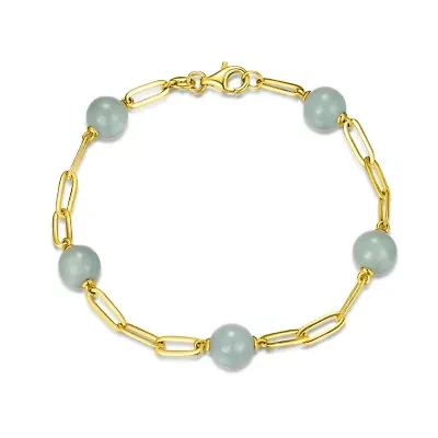 Genuine Jade Bead Station Paperclip Bracelet in 18k Yellow Gold Plated Sterling Silver