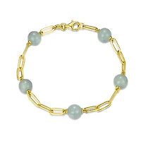 Genuine Jade Bead Station Paperclip Bracelet in 18k Yellow Gold Plated Sterling Silver
