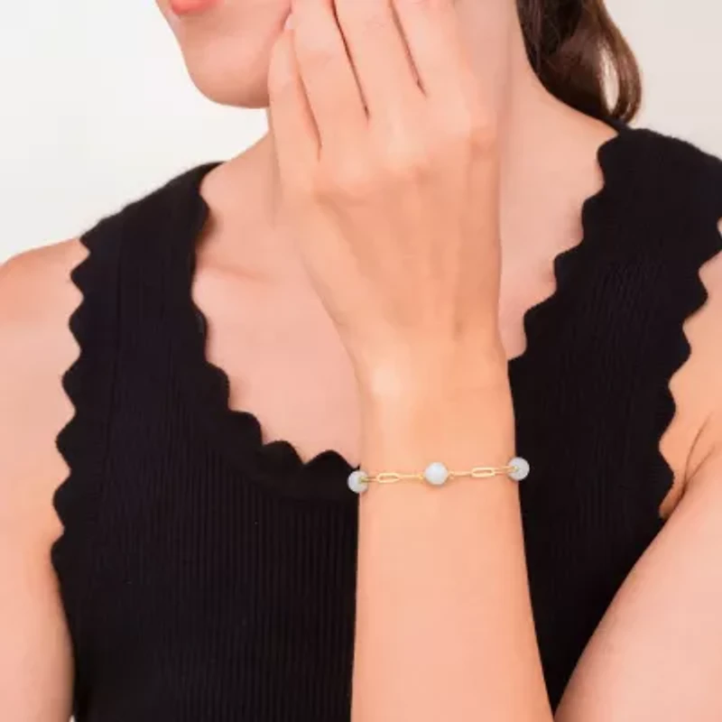 Genuine Jade Bead Station Paperclip Bracelet in 18k Yellow Gold Plated Sterling Silver