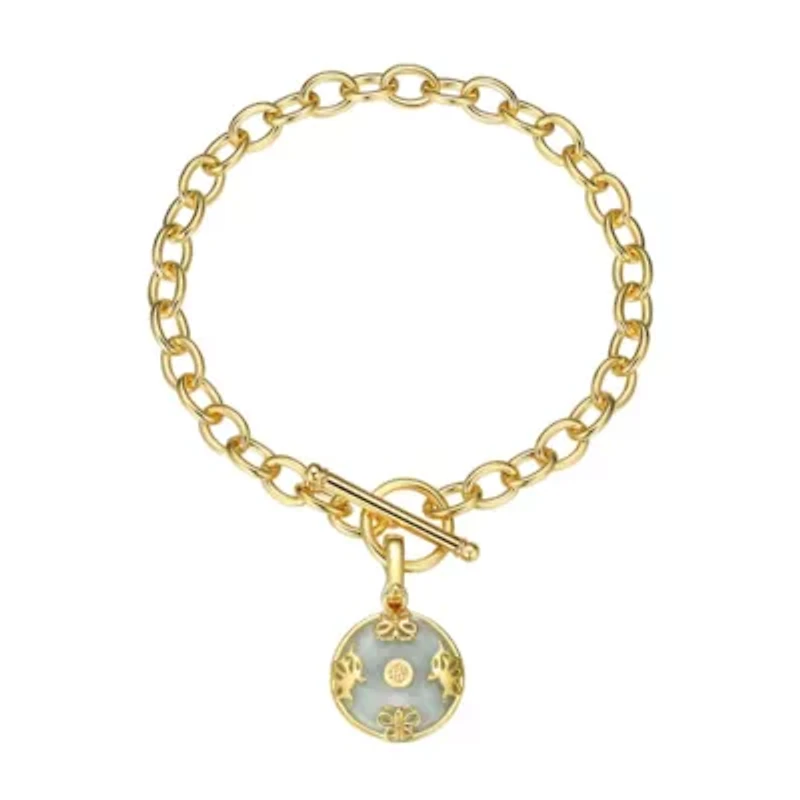 Genuine Jade Disc Toggle Bracelet in 18k Gold plated Sterling Silver