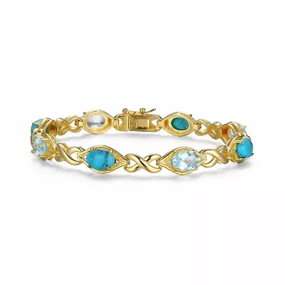 Genuine Turquoise, Blue Topaz and Diamond Accent Bracelet in 18k Gold Plated Sterling Silver