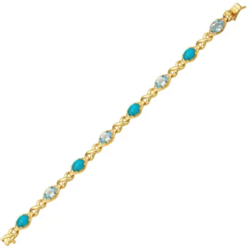 Genuine Turquoise, Blue Topaz and Diamond Accent Bracelet in 18k Gold Plated Sterling Silver