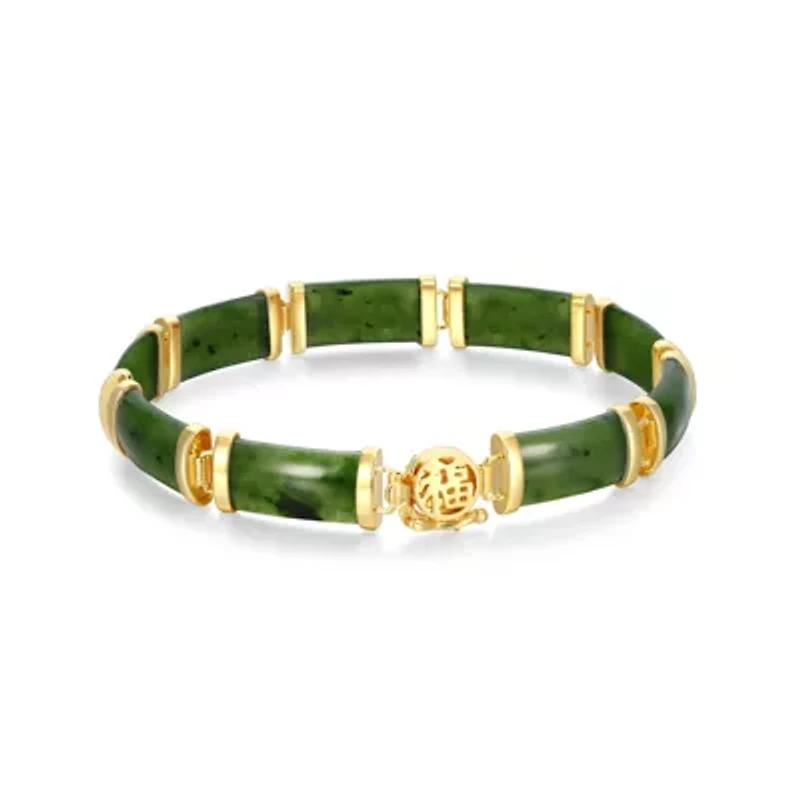 Genuine Nephrite Jade Link Station Bracelet in 18k Yellow Gold Plated Sterling Silver, 7.25"