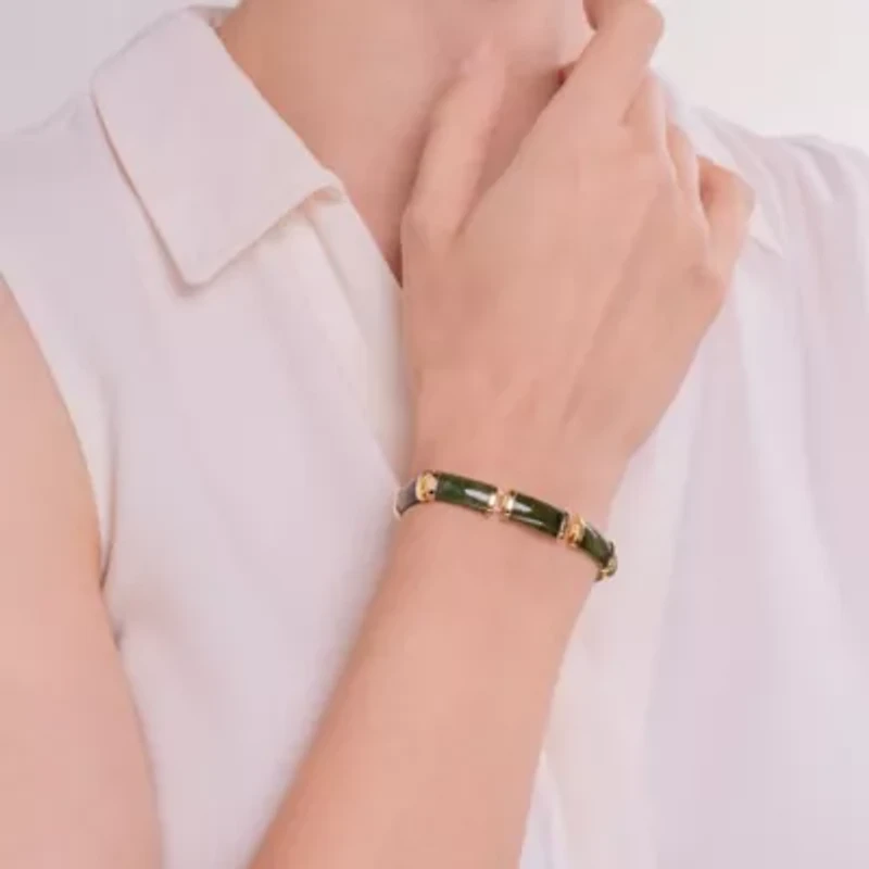 Genuine Nephrite Jade Link Station Bracelet in 18k Yellow Gold Plated Sterling Silver, 7.25"