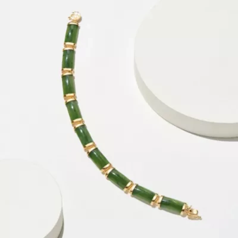 Genuine Nephrite Jade Link Station Bracelet in 18k Yellow Gold Plated Sterling Silver, 7.25"