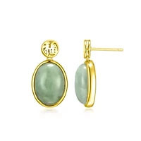 Genuine Green Jade Bezel-Set Good Fortune Earrings in 18k Yellow Gold Plated Sterling Silver