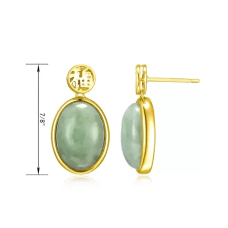 Genuine Green Jade Bezel-Set Good Fortune Earrings in 18k Yellow Gold Plated Sterling Silver