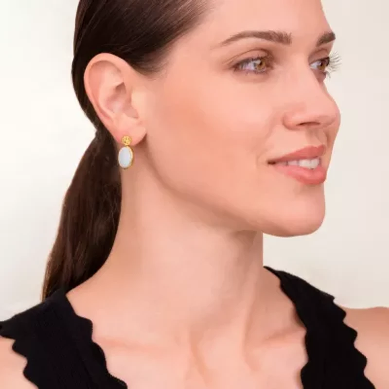 Genuine Green Jade Bezel-Set Good Fortune Earrings in 18k Yellow Gold Plated Sterling Silver