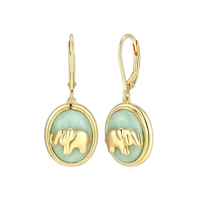 18K Yellow Gold Plated Sterling Silver Genuine Jade Elephant Leverback Earrings