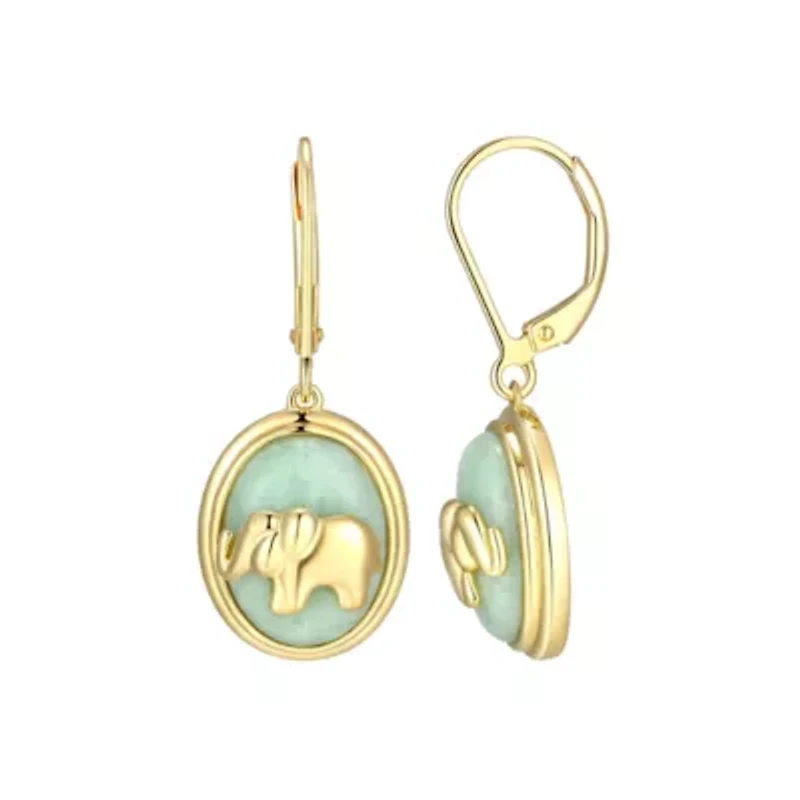 18K Yellow Gold Plated Sterling Silver Genuine Jade Elephant Leverback Earrings