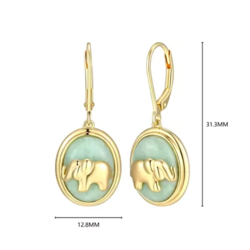18K Yellow Gold Plated Sterling Silver Genuine Jade Elephant Leverback Earrings