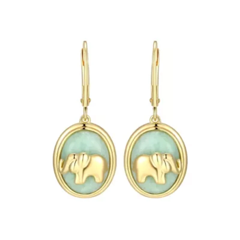 18K Yellow Gold Plated Sterling Silver Genuine Jade Elephant Leverback Earrings