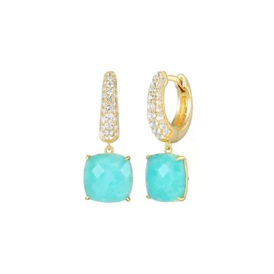 Genuine Amazonite and White Topaz Hoop Earrings in 18K Gold-plated Sterling Silver