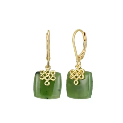 Genuine Natural Green Nephrite Jade Leverback Earrings in 18K Gold-plated Sterling Silver
