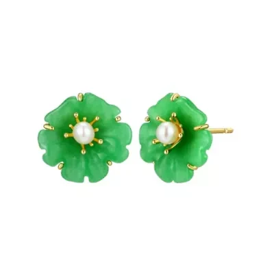 18K Yellow Gold Plated Sterling Silver Genuine Jade and Pearl Flower Stud Earrings
