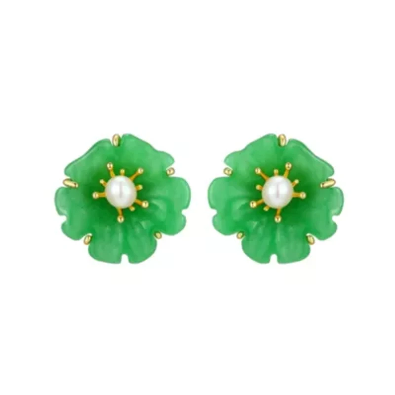 18K Yellow Gold Plated Sterling Silver Genuine Jade and Pearl Flower Stud Earrings