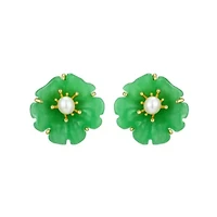 18K Yellow Gold Plated Sterling Silver Genuine Jade and Pearl Flower Stud Earrings
