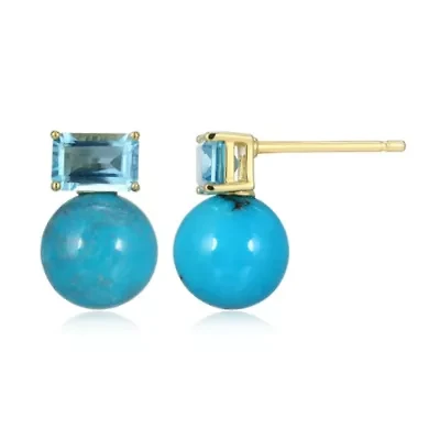 Genuine Turquoise and Blue Topaz Stud Earring in 18k Gold Plated Sterling Silver