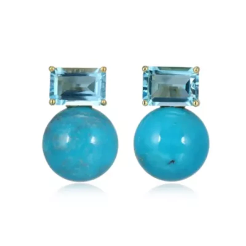 Genuine Turquoise and Blue Topaz Stud Earring in 18k Gold Plated Sterling Silver