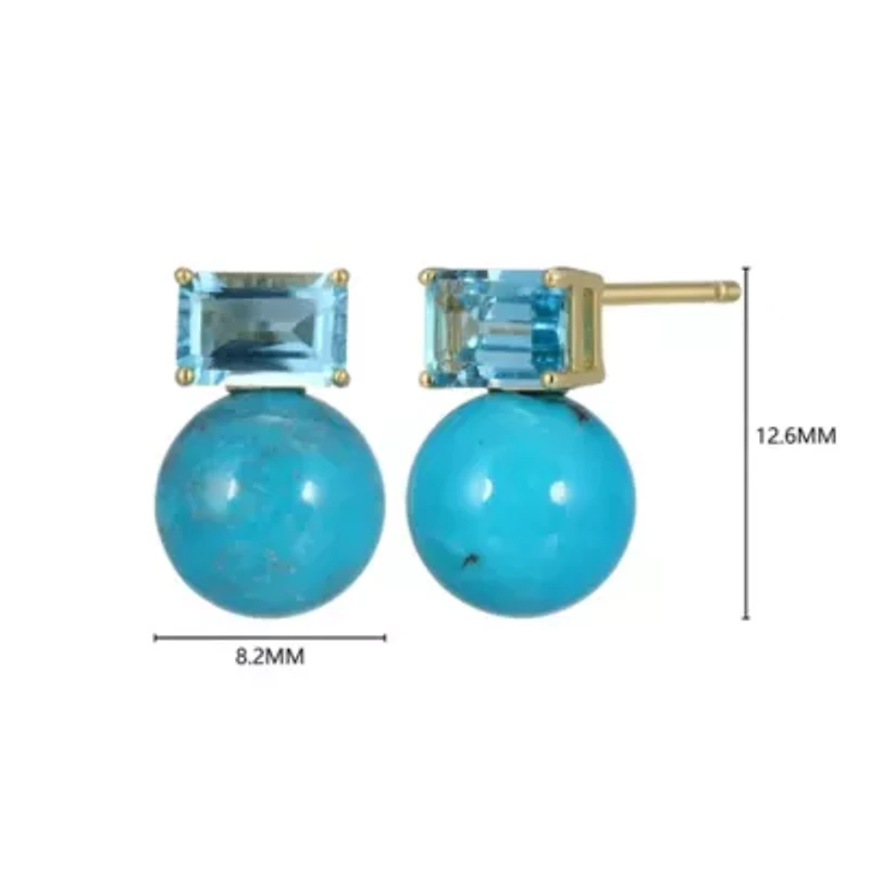 Genuine Turquoise and Blue Topaz Stud Earring in 18k Gold Plated Sterling Silver