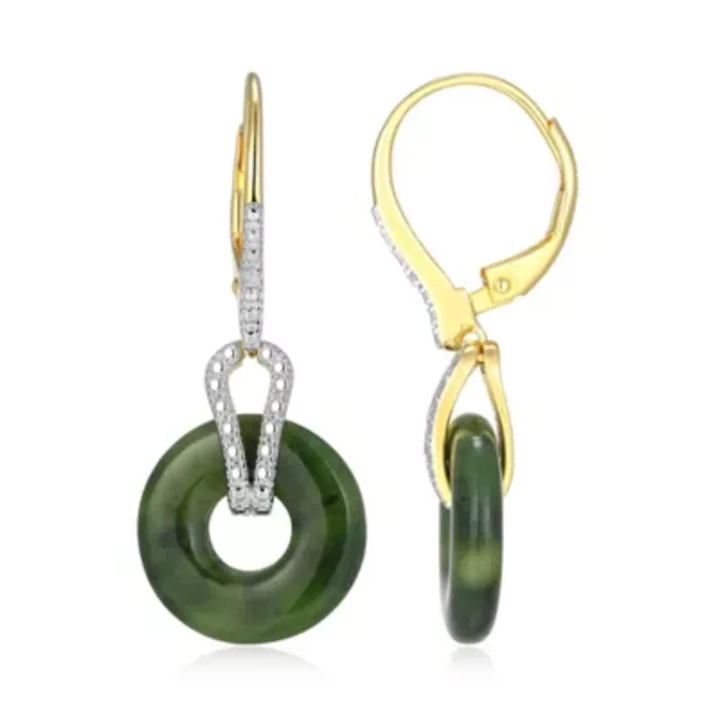 18K Yellow Gold Plated Sterling Silver Genuine Nephrite Jade Diamond Accent Disc Leverback Earrings