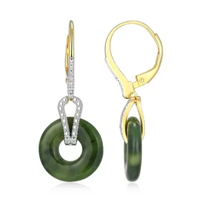 18K Yellow Gold Plated Sterling Silver Genuine Nephrite Jade Diamond Accent Disc Leverback Earrings
