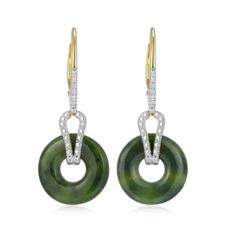 18K Yellow Gold Plated Sterling Silver Genuine Nephrite Jade Diamond Accent Disc Leverback Earrings