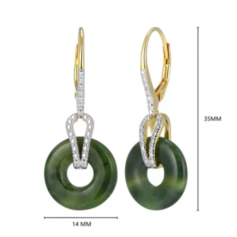 18K Yellow Gold Plated Sterling Silver Genuine Nephrite Jade Diamond Accent Disc Leverback Earrings